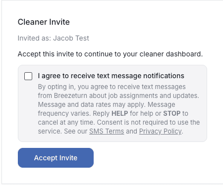 Screenshot of the cleaner invite acceptance screen showing an unchecked SMS consent checkbox with full CTIA disclosure language.