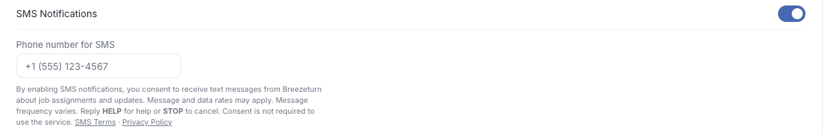 Screenshot of the cleaner or host settings Notifications card showing the SMS toggle off by default and the inline consent disclosure.